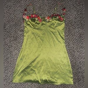 Green Satin Mini-Dress with Floral Detail